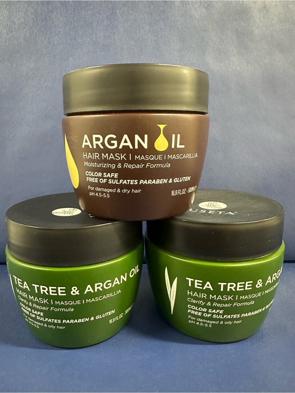 Argan Oil & Tea Tree Hair Mask Trio - Brown & Green Jars